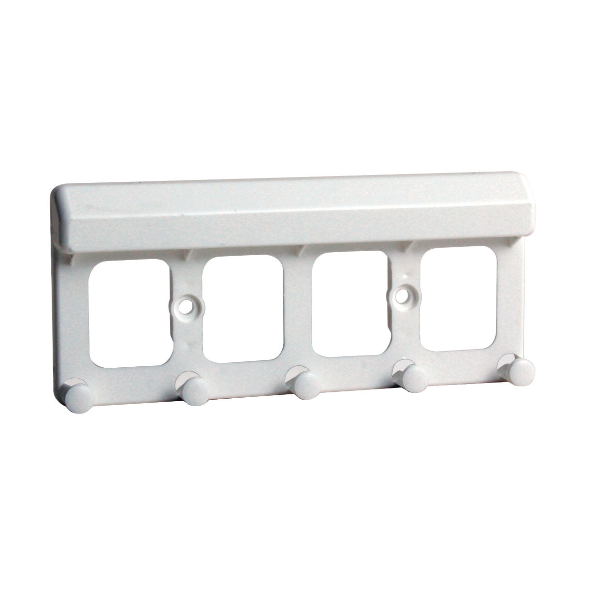 White Kevron 4 tag key rack moulding shown on its own without tags, with four openings, two screw holes and a row of pegs