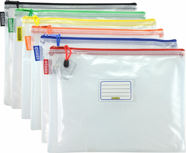Osmer Mesh Case A4 Clear 36 x 27cm Assorted Zip Pack of 12