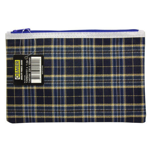 Osmer Tartan Pencil Case 23 x 15cm 1 Zip Reinforced Ends Blue