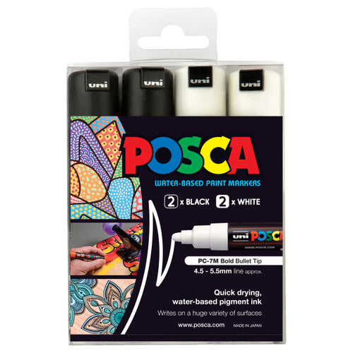 Posca PC-7M Paint Marker Pen Bullet Bold Black and White Wallet of 4