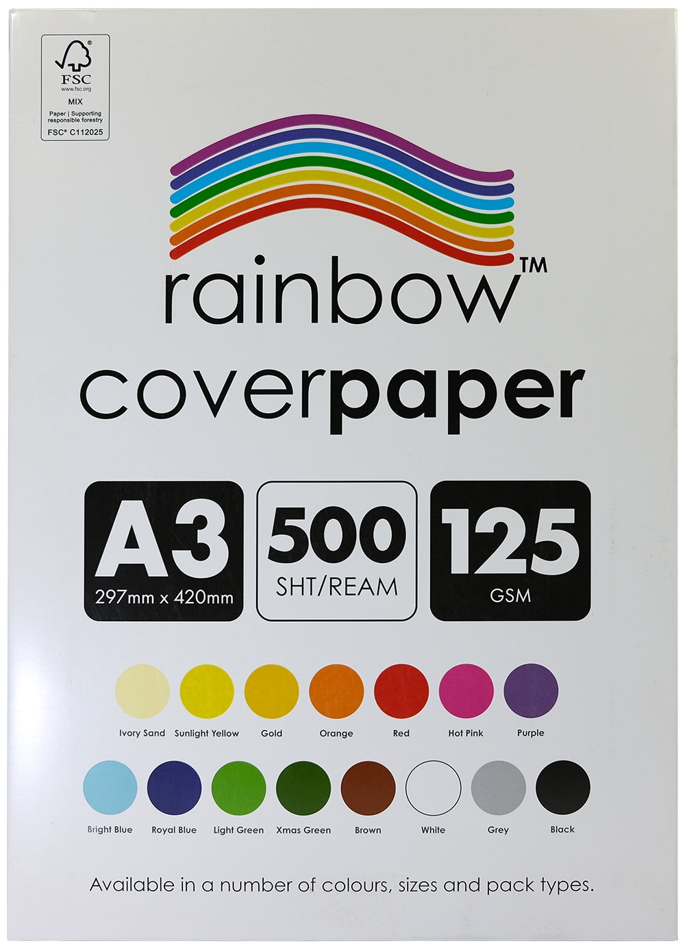 Rainbow Cover Paper A3 125gsm Assorted Pack of 500