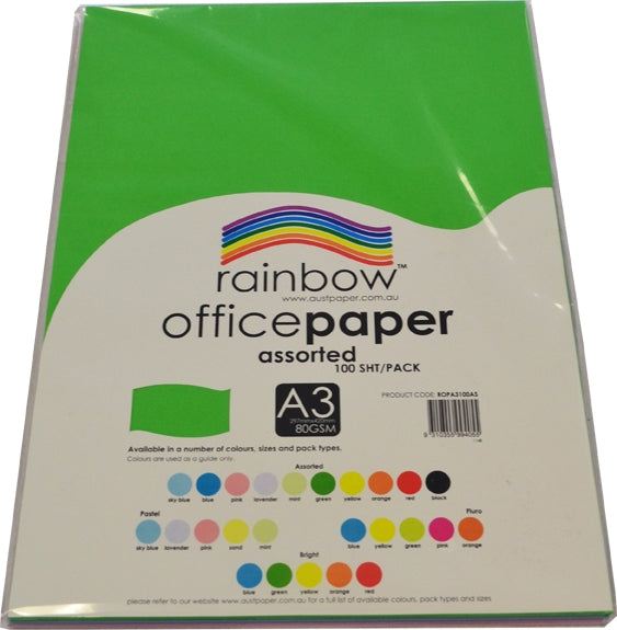 Rainbow Office Paper A3 80gsm Assorted Pack of 100