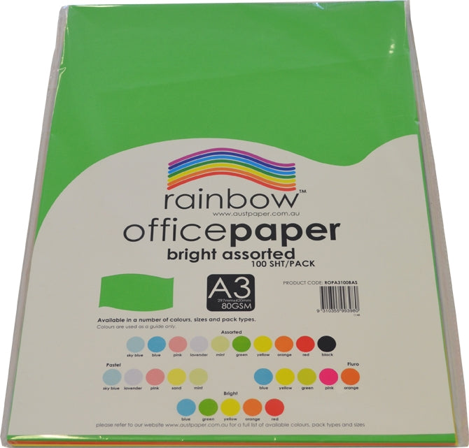 Rainbow Office Paper A3 80gsm Bright Assorted Pack of 100