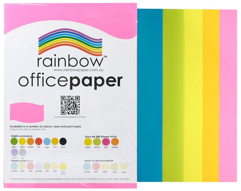Rainbow Office Paper A4 75gsm Fluoro Assorted Pack of 500
