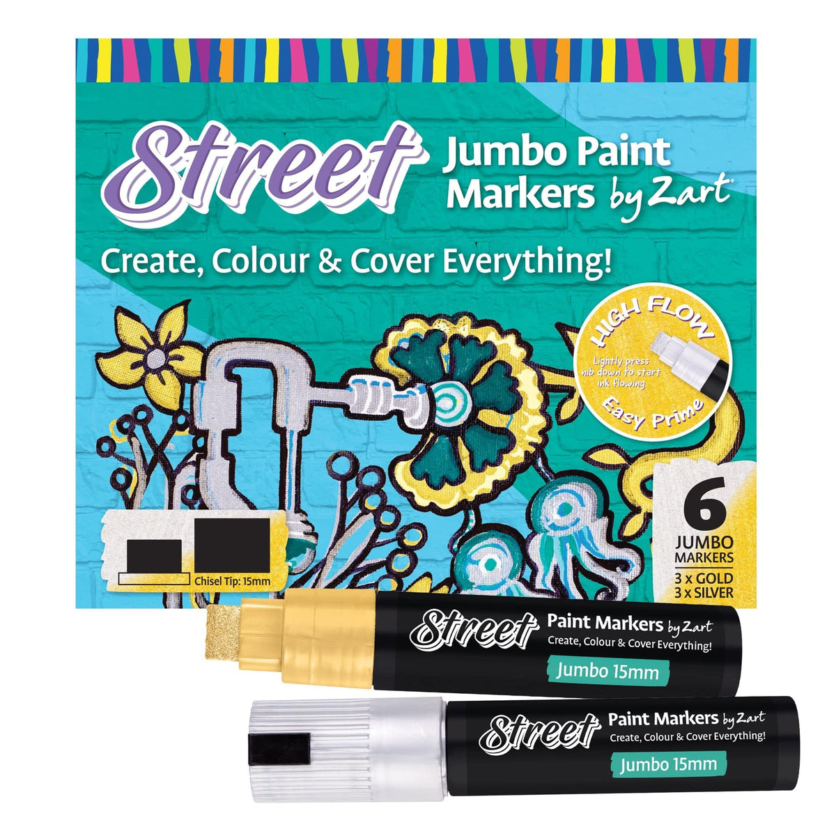 Zart Street Paint Marker Jumbo 15mm Gold and Silver Box of 6 Three of Each