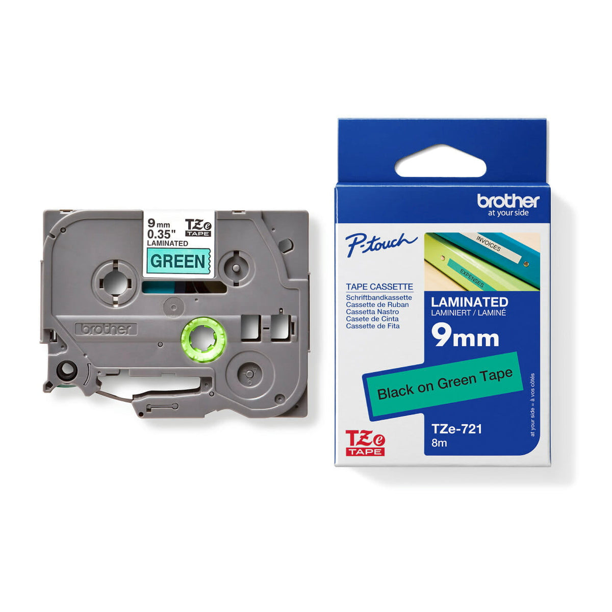 Brother TZe-721 Laminated Label Tape 9mm Black on Green