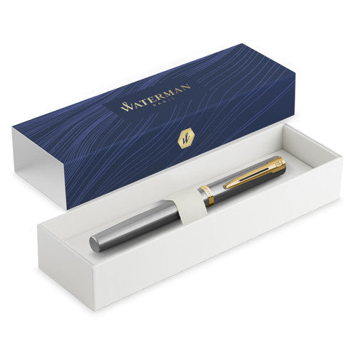 Waterman Impression Fountain Pen Stainless Steel with Gold Trim Medium Nib Blue Ink Gift Box