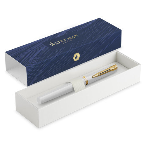 Waterman Impression Fountain Pen White with Gold Trim Medium Nib Blue Ink Gift Box