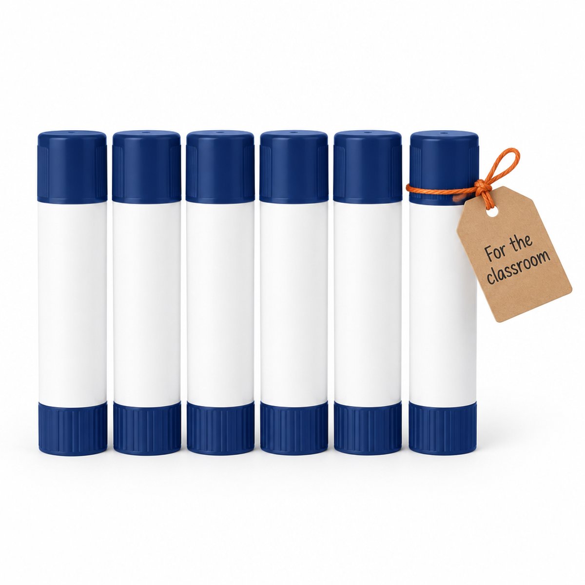 Six glue sticks with a For the classroom gift tag